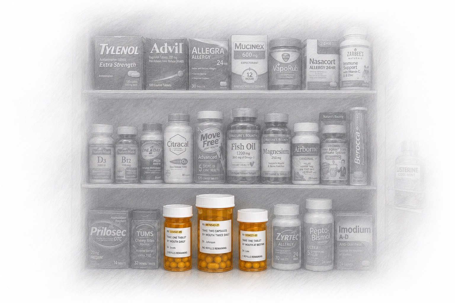 A home medicine cabinet. Rows of over-the-counter products sit in grayscale while three amber prescription bottles in the foreground remain in color, each carrying a physician's name and dosing instructions.
